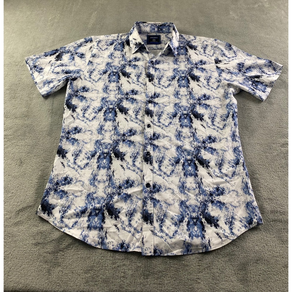 Monument Mens Blue White Abstract Marble Print Short Sleeve Button Up‎ Shirt M
